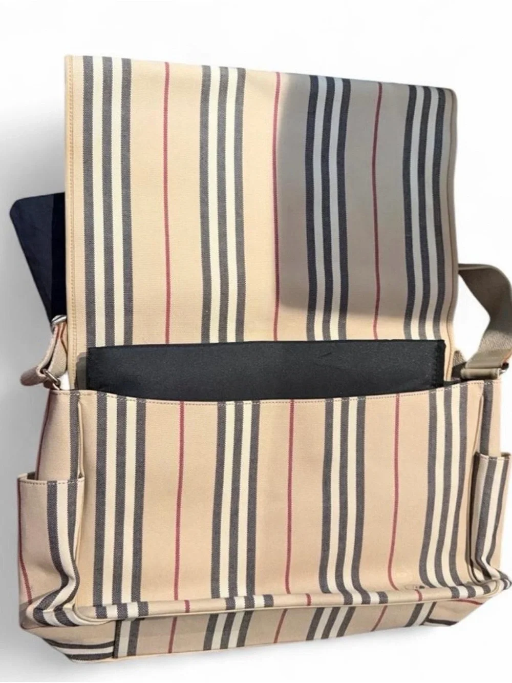Burberry Beige Striped Baby Messenger Bag with Navy & Red Accents